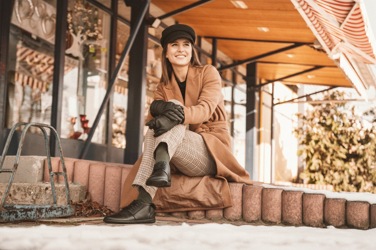 Eine Frau sitzt draußen auf einem Ziegelsteinsims. Sie trägt einen braunen Mantel, karierte Hosen, schwarze Handschuhe und eine schwarze Mütze. Sie lächelt und stützt ihre Arme auf ihre Knie. Die Szenerie umfasst ein Gebäude mit großen Fenstern und etwas Schnee auf dem Boden. Der Himmel ist klar und sonnig.